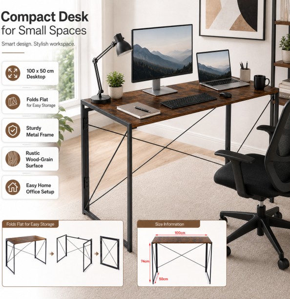 ArtisanFurnitureWarehouse Furniture Foldable Storage Simple Desk 100 × 50 × 74cm Wooden Computer Desk Stable X-shaped Bracket Writing Desk Anti slip Adjustable Foot Metal Frame Suitable for Small Space Homes and Apartments Workstation Desk-Berlin Rustic Multipurpose Table - Image 4