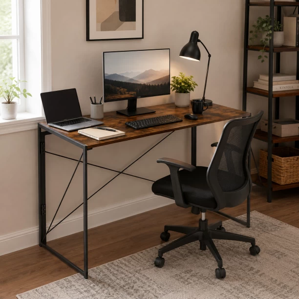 ArtisanFurnitureWarehouse Furniture Foldable Storage Simple Desk 100 × 50 × 74cm Wooden Computer Desk Stable X-shaped Bracket Writing Desk Anti slip Adjustable Foot Metal Frame Suitable for Small Space Homes and Apartments Workstation Desk-Berlin Rustic Multipurpose Table - Image 2