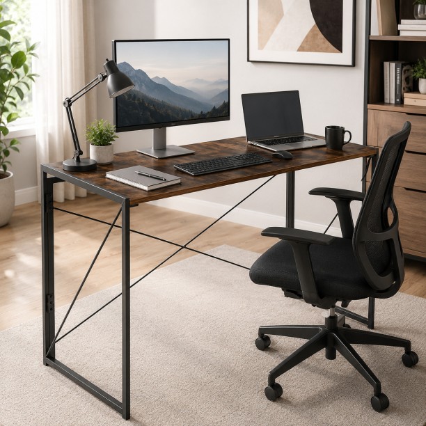Golden Star Africa 100 × 50 × 74cm Retro Wood Grain Foldable Simple Computer Desk Small House Industrial Style Home Office Desk Reinforced Steel Frame Suitable for Study Office Bedroom for Office and Learning Multipurpose Table – Berlin Rustic - Image 3