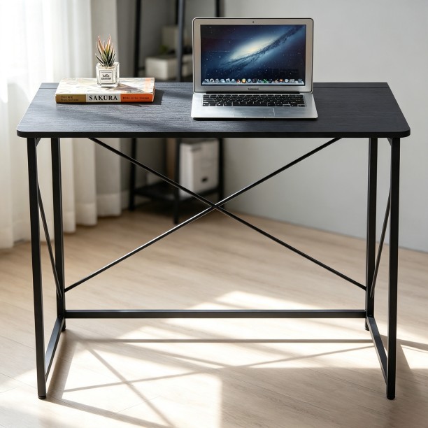 Artisan Furniture 100 × 45 × 75cm Foldable Storage Computer Desk Writing Desk with X-shaped Metal Frame Space Saving Suitable for Home Office Bedroom Dormitory Work-Black Multipurpose Table - Image 5
