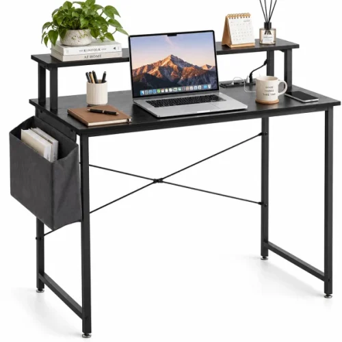 ArtisanFurnitureWarehouse Furniture 100×50cm computer desk with monitor stand power outlet and side storage pockets Metal frame writing desk suitable for home apartment and office for study and work Multipurpose Table – black