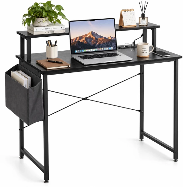 ArtisanFurnitureWarehouse Furniture 100×50cm computer desk with monitor stand power outlet and side storage pockets Metal frame writing desk suitable for home apartment and office for study and work Multipurpose Table – black