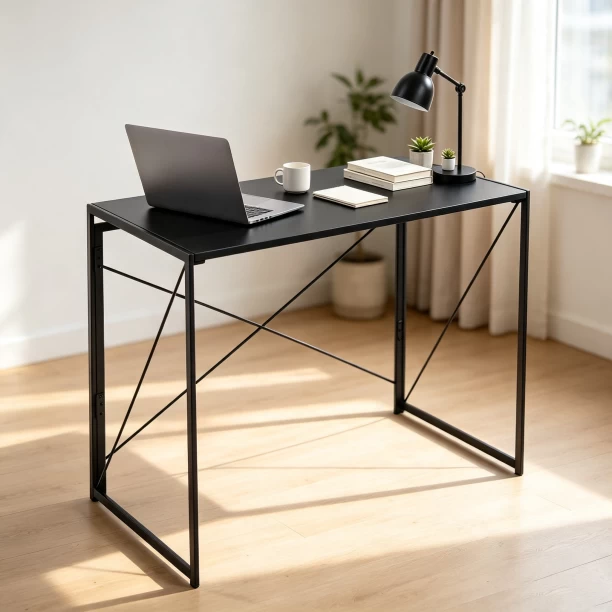 ArtisanFurnitureWarehouse Furniture Foldable Storage Simple Desk 100 × 50 × 74cm Wooden Computer Desk Stable X-shaped Bracket Writing Desk Anti slip Adjustable Foot Metal Frame Suitable for Small Space Homes and Apartments Workstation Desk-Black Multipurpose Table - Image 4