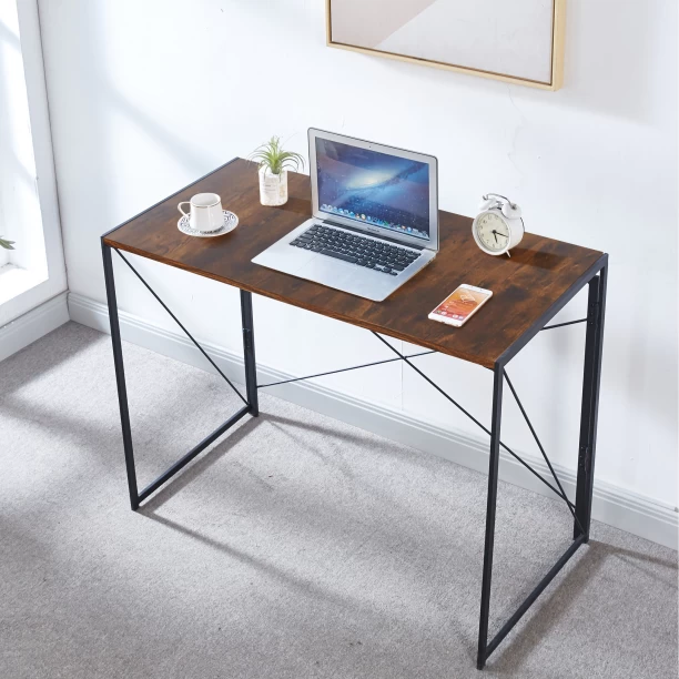 ArtisanFurnitureWarehouse Furniture Foldable Storage Simple Desk 100 × 50 × 74cm Wooden Computer Desk Stable X-shaped Bracket Writing Desk Anti slip Adjustable Foot Metal Frame Suitable for Small Space Homes and Apartments Workstation Desk-Berlin Rustic Multipurpose Table - Image 5