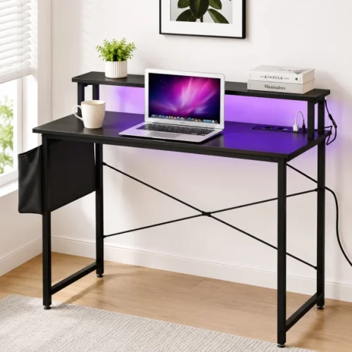 Artisyn Multifunctional dual-slot power socket for home use, remote-controlled LED ambient computer desk, office/gaming desk, equipped with side table storage bag Multipurpose Table – Black