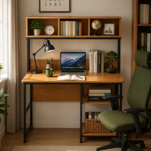 Golden Star Africa 104×52×128cm Home office desk with upper bookshelf and side-opening storage shelf industrial style laptop study desk equipped with 3 upper bookshelves metal frame gaming and writing desk Suitable for study room bedroom office. Multipurpose Table – GREY WOOD