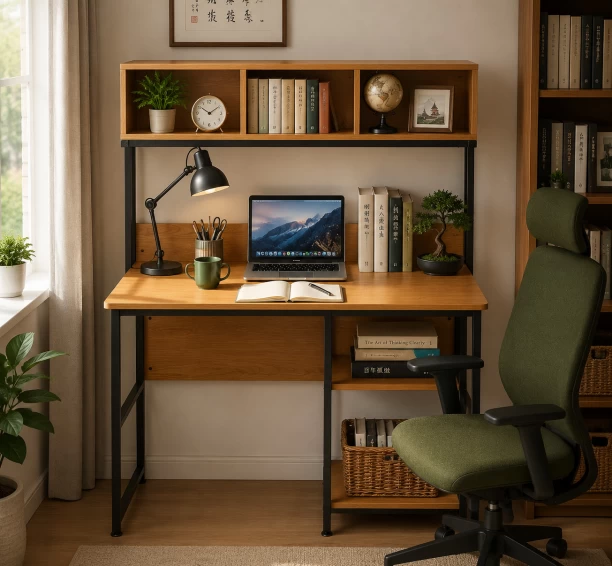 Golden Star Africa 104×52×128cm Home office desk with upper bookshelf and side-opening storage shelf industrial style laptop study desk equipped with 3 upper bookshelves metal frame gaming and writing desk Suitable for study room bedroom office. Multipurpose Table – GREY WOOD