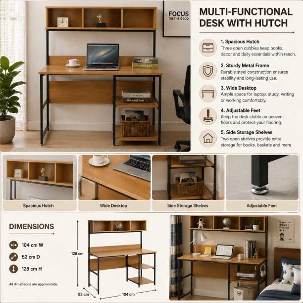 Golden Star Africa 104×52×128cm Home office desk with upper bookshelf and side-opening storage shelf industrial style laptop study desk equipped with 3 upper bookshelves metal frame gaming and writing desk Suitable for study room bedroom office. Multipurpose Table – GREY WOOD - Image 3