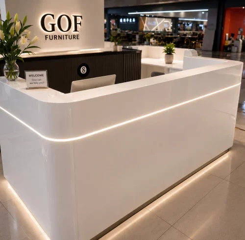 GOF Furniture 181 Nova Curved Reception Desk 2400 x 750 x 1100mm – White with LED Office Table