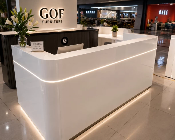 GOF Furniture 181 Nova Curved Reception Desk 2400 x 750 x 1100mm – White with LED Office Table