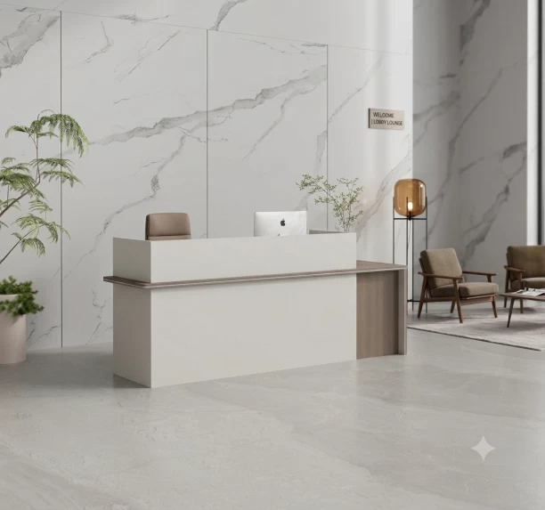 GOF Furniture YG240Q-2.4M Amelia Reception Desk 2400 x 600 x 1100mm with LED – Almond Grey Office Table