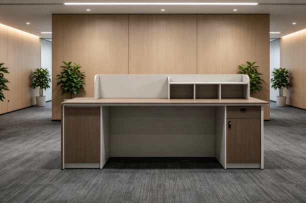 GOF Furniture YG240Q-2.4M Amelia Reception Desk 2400 x 600 x 1100mm with LED – Almond Grey Office Table - Image 2