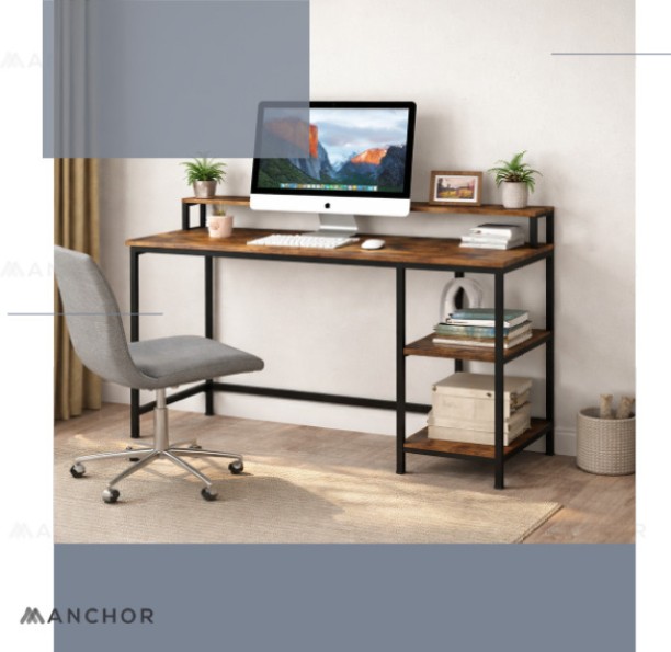 Anchor Computer Laptop Desk with Monitor Stand Home Office Metal Leg Frame Multipurpose Table – Brown, Black - Image 5