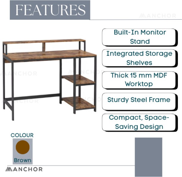 Anchor Computer Laptop Desk with Monitor Stand Home Office Metal Leg Frame Multipurpose Table – Brown, Black - Image 4
