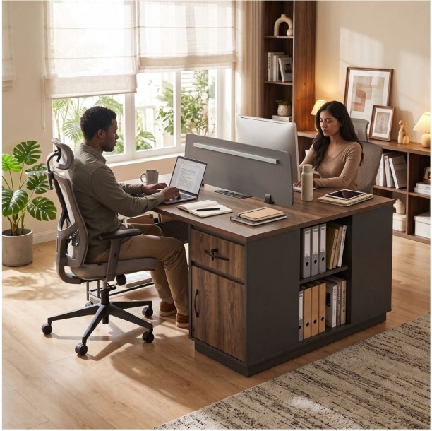 Decorum & Co Dual Sided Office Desk Office Table – Brown with dark contrasting details - Image 2