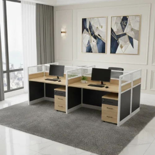 HOD Linear Executive 4 Person Workstation with 4 Mobile Pedestals Office Table – White, Grey
