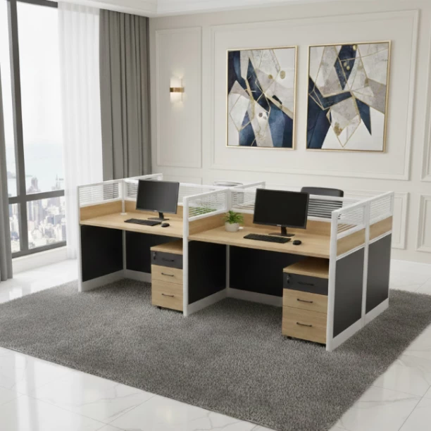 HOD Linear Executive 4 Person Workstation with 4 Mobile Pedestals Office Table – White, Grey