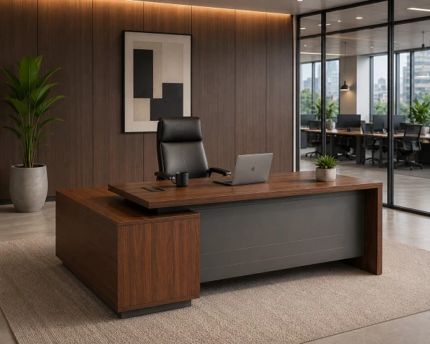 HOD Monarch 1.8m L-Shaped Executive Office Desk Office Table – Dark Walnut, Grey - Image 3