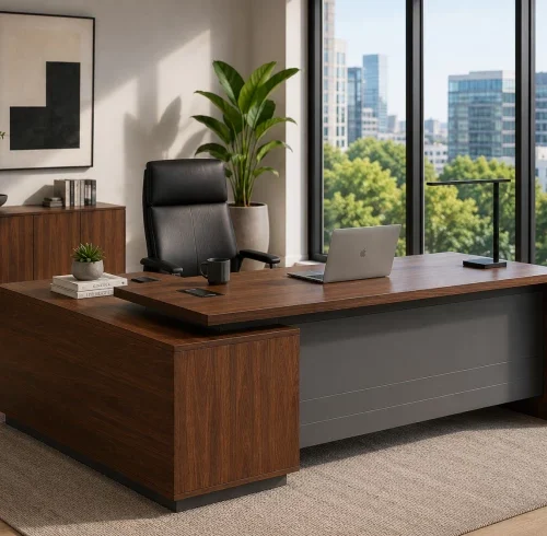 HOD Monarch 1.8m L-Shaped Executive Office Desk Office Table – Dark Walnut, Grey