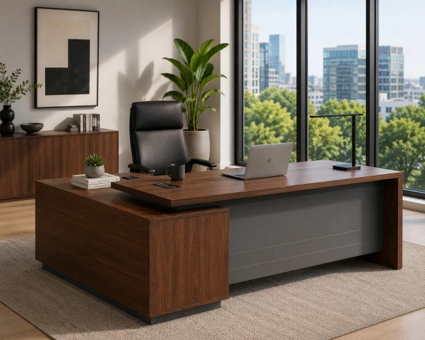 HOD Monarch 1.8m L-Shaped Executive Office Desk Office Table – Dark Walnut, Grey