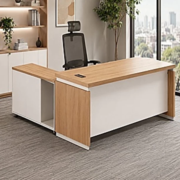 QandAHome Monarch Executive Suite Desk Office Table – White and Natural Oak