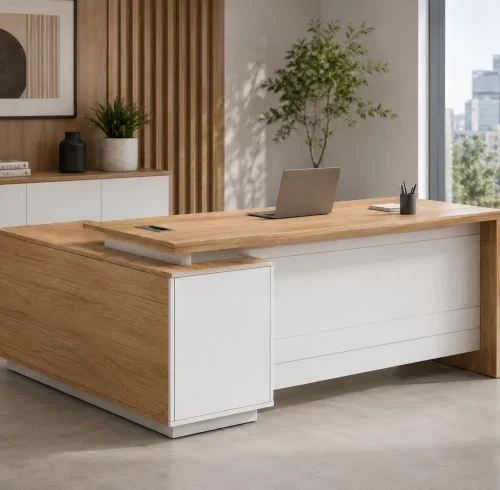 HOD Monolith Modern White L-Shaped Executive Desk Office Table – White, Natural Oak