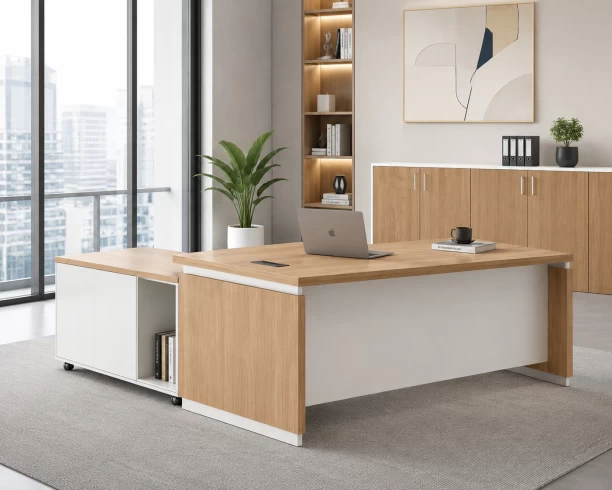 HOD Prime Executive 1.8m L-Shaped Office Desk with Storage Office Table – White, Natural Oak - Image 3