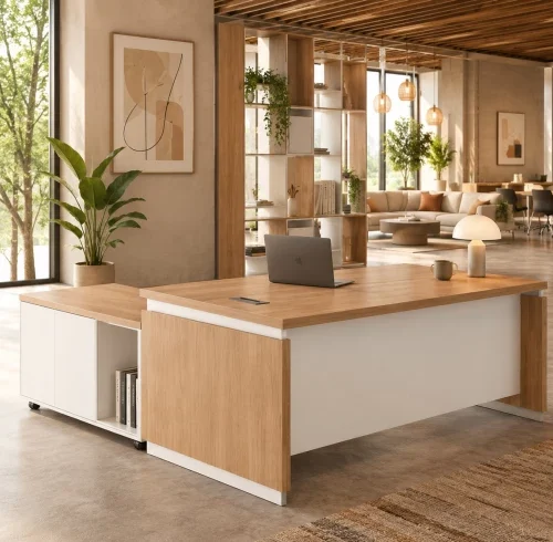 HOD Prime Executive 1.8m L-Shaped Office Desk with Storage Office Table – White, Natural Oak