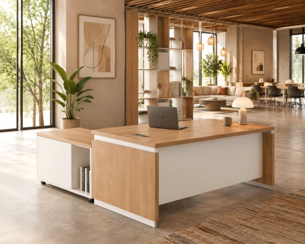 HOD Prime Executive 1.8m L-Shaped Office Desk with Storage Office Table – White, Natural Oak