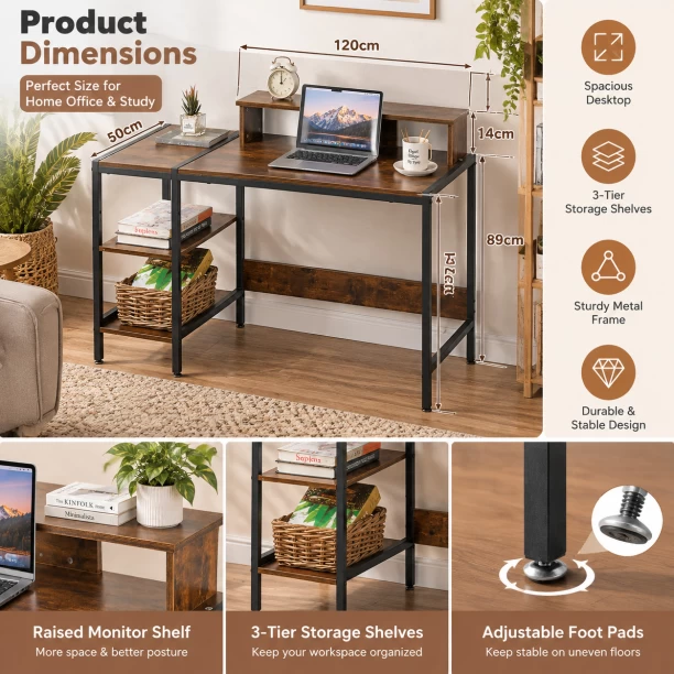 Golden Star 120 × 50cm computer desk with monitor height rack and double-layer side shelf equipped with metal frame suitable for office home and apartment use for office and study purposes Multipurpose Table – Burningwood - Image 3
