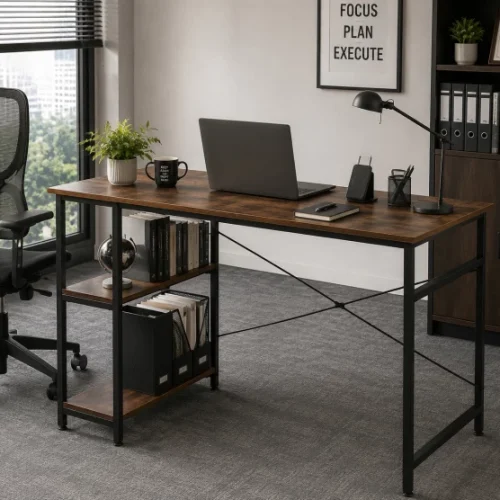 Golden Star Africa 120 × 60 × 75cm office computer desk left double-layer storage rack reinforced steel frame with adjustable foot pads suitable for bedrooms study rooms offices games and learning Multipurpose Table – Berlin Rustic