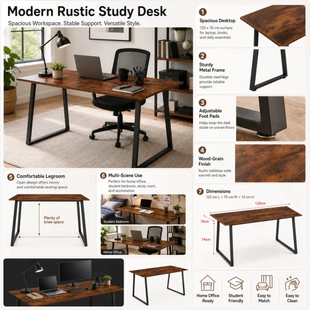 Artisan Furniture Warehouse 120×70×74 cm Industrial-Style Metal-Frame Home Office Computer Desk with Adjustable Feet Ideal for Studying in Bedrooms Home Offices and Study Rooms Multipurpose Table – BurningWood - Image 4