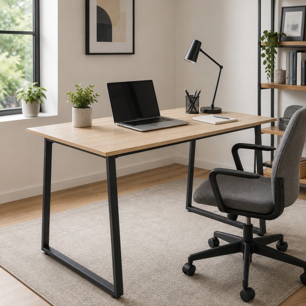 Artisan Furniture Warehouse 120 × 70 × 74cm light oak wood grain home computer desk simple U-shaped black steel frame desk bedroom student office study desk Multipurpose Table – grey wood - Image 4