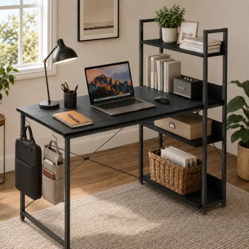 Golden Star Four layer storage rack computer desk with side bookshelves modern home office desk metal frame learning and writing desk equipped with hooks and adjustable foot pads suitable for bedrooms study rooms workbenches Multipurpose Table – Black