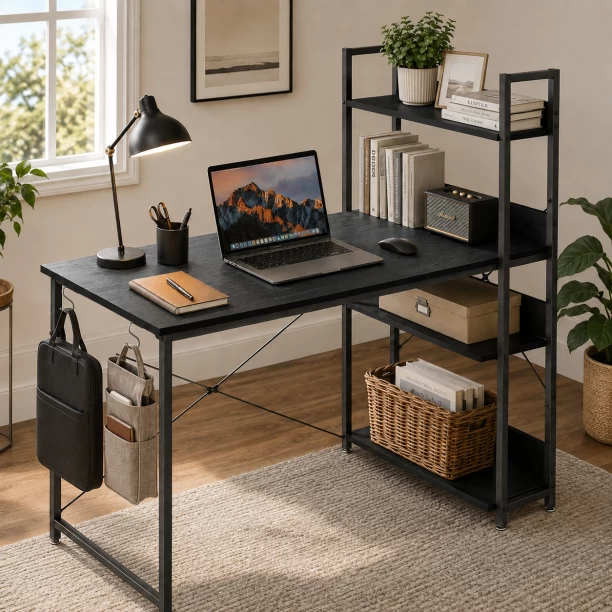 Golden Star Four layer storage rack computer desk with side bookshelves modern home office desk metal frame learning and writing desk equipped with hooks and adjustable foot pads suitable for bedrooms study rooms workbenches Multipurpose Table – Black
