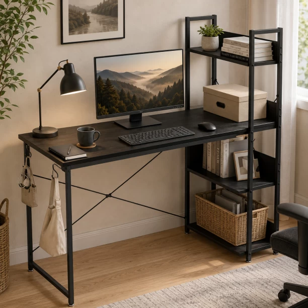 Golden Star Four layer storage rack computer desk with side bookshelves modern home office desk metal frame learning and writing desk equipped with hooks and adjustable foot pads suitable for bedrooms study rooms workbenches Multipurpose Table – Black - Image 2