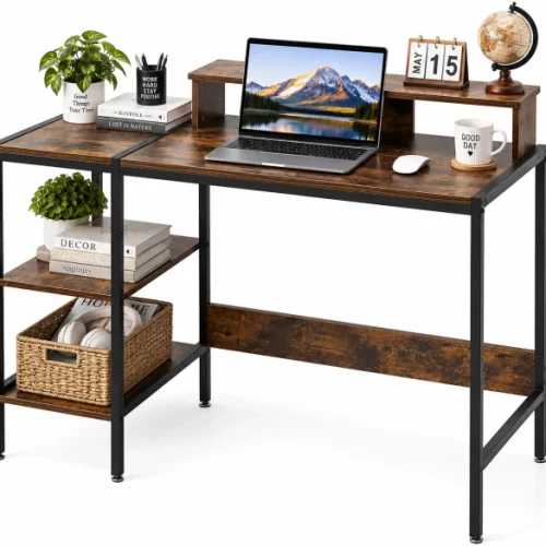 ArtisanFurnitureWarehouse Furniture 120 × 50cm computer desk with multiple storage and display shelves industrial wooden writing desk with metal frame suitable for offices homes and apartments for office and study purposes Multipurpose Table – Burningwood