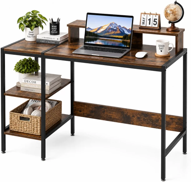 ArtisanFurnitureWarehouse Furniture 120 × 50cm computer desk with multiple storage and display shelves industrial wooden writing desk with metal frame suitable for offices homes and apartments for office and study purposes Multipurpose Table – Burningwood