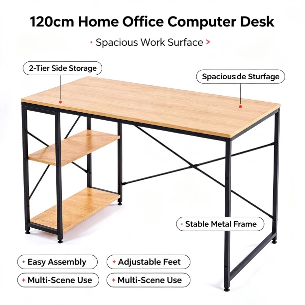 ArtisanFurnitureWarehouse Furniture 120 × 60 × 75cm office desk double-layer side storage rack industrial metal frame writing desk multi-purpose learning and gaming suitable for both home and apartment work and study-GREY WOOD Multipurpose Table - Image 2