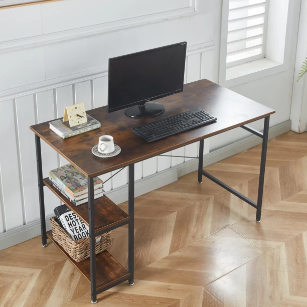 RSQQAV 1.2m Industrial Computer Desk with Reversible 2-Tier Shelves – PC Gaming Desk with X-Frame Reinforcement & Adjustable Feet Multipurpose Table – Burning wood - Image 2