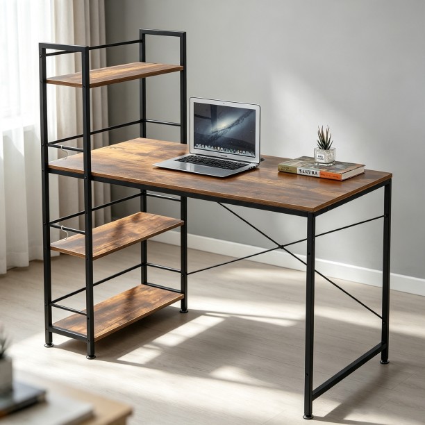 ArtisanFurnitureWarehouse Furniture 120 × 64cm office computer desk 3-layer storage rack railing and headphone hook heavy-duty metal frame writing desk suitable for home apartments and offices for office operations-Berlin Rustic Multipurpose Table - Image 5