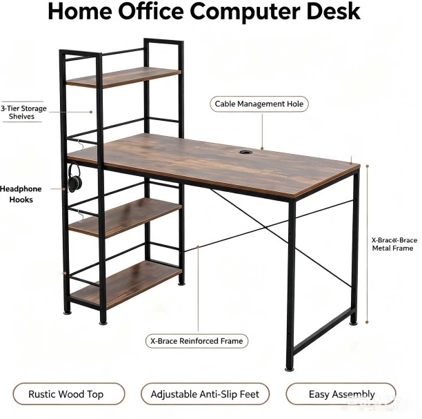 ArtisanFurnitureWarehouse Furniture 120 × 64cm office computer desk 3-layer storage rack railing and headphone hook heavy-duty metal frame writing desk suitable for home apartments and offices for office operations-Berlin Rustic Multipurpose Table - Image 3