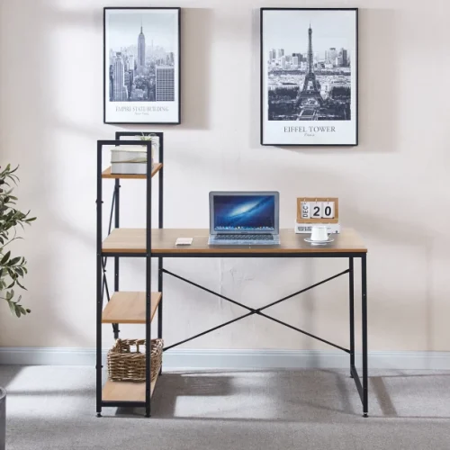 Golden Star Africa 120 × 60 × 76 Industrial-Style Computer Desk with Four-Tier Side Bookshelf—Home Study Desk Wood and Metal Office Desk Suitable for Apartments Small Bedrooms and Student Computer/Writing Workstations Multipurpose Table – GREY WOOD