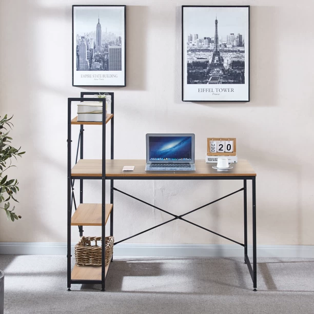 Golden Star Africa 120 × 60 × 76 Industrial-Style Computer Desk with Four-Tier Side Bookshelf—Home Study Desk Wood and Metal Office Desk Suitable for Apartments Small Bedrooms and Student Computer/Writing Workstations Multipurpose Table – GREY WOOD