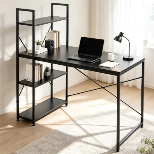 Golden Star Africa Black industrial-style computer desk with four-tier side storage shelves 120 × 60 × 76 desk with side shelves metal study and workstation a space-saving home office and gaming desk suitable for apartments bedrooms and student rooms Multipurpose Table