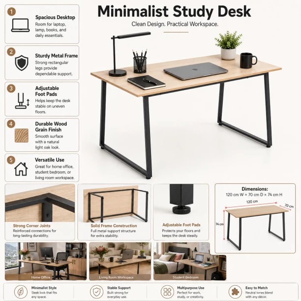 Golden Star Africa Light oak computer desk measuring 120 × 70 × 74cm with a sturdy and durable U-shaped black metal frame suitable for home office desks in bedrooms apartments and offices Multipurpose Table – grey wood - Image 4