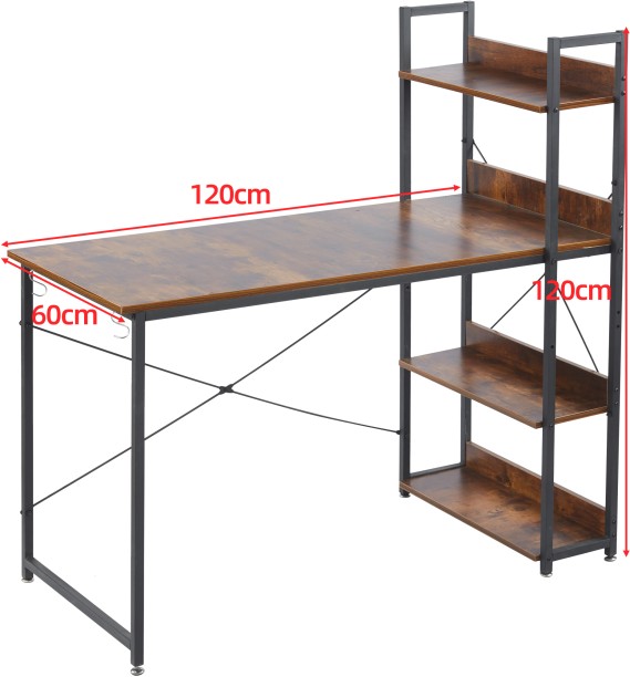 RSQQAV Industrial Computer Desk with 3-Tier Open Bookshelf – Wood Grain Writing & Study Workstation with X-Braced Metal Frame Solid Wood Workstation – Burning wood - Image 3