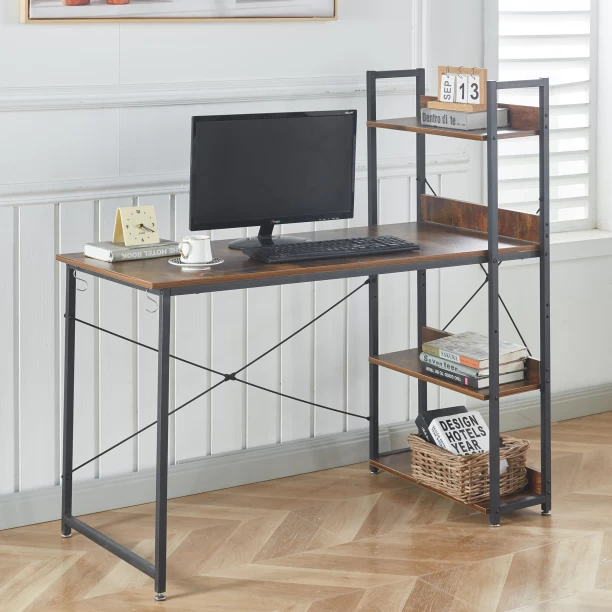RSQQAV Industrial Computer Desk with 3-Tier Open Bookshelf – Wood Grain Writing & Study Workstation with X-Braced Metal Frame Solid Wood Workstation – Burning wood - Image 4