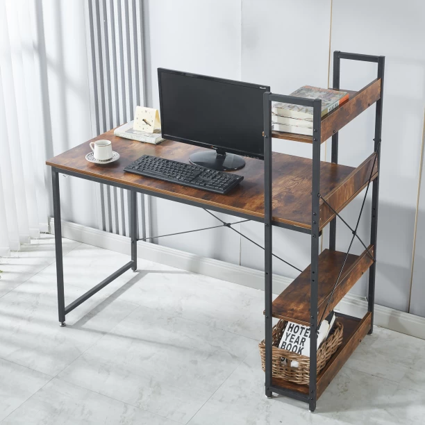 RSQQAV Industrial Computer Desk with 3-Tier Open Bookshelf – Wood Grain Writing & Study Workstation with X-Braced Metal Frame Solid Wood Workstation – Burning wood - Image 5