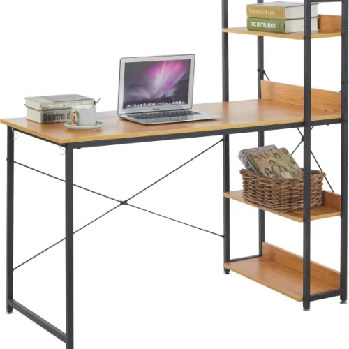 ArtisanFurnitureWarehouse Furniture 120 × 60cm computer desk with 4 storage shelves and metal hook desk equipped with X-Brace metal frame home office learning workstation-GREY WOOD Multipurpose Table